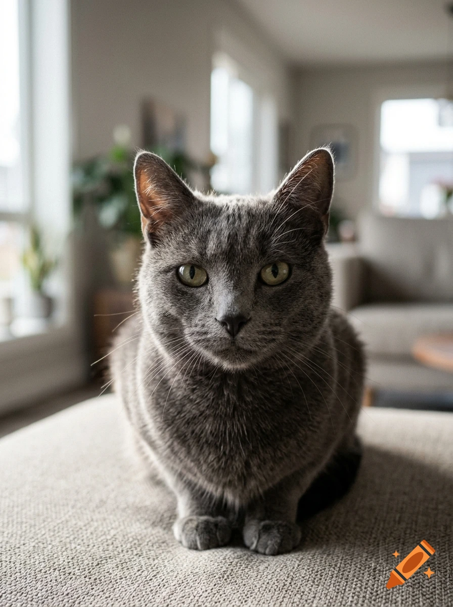 Photorealistic close-up of a gray cat sitting on a couch in a brightly lit living room.