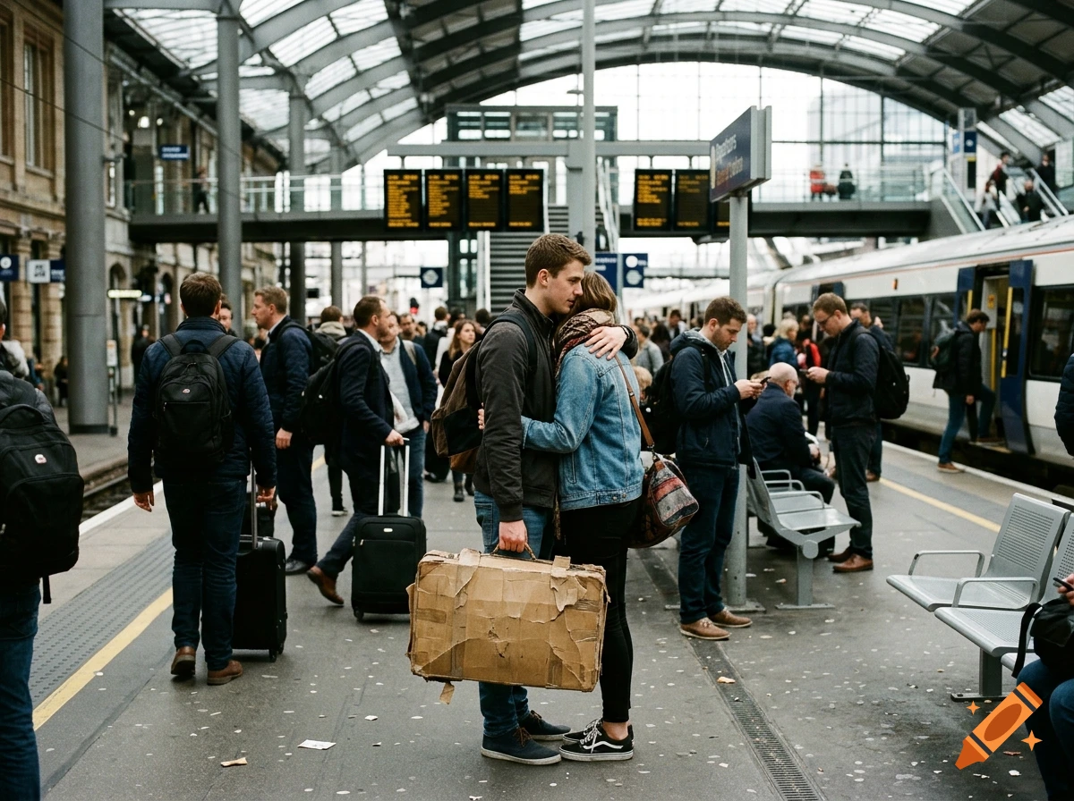 A couple embraces on a busy train station platform surrounded by travelers and luggage with a train visible in the background.