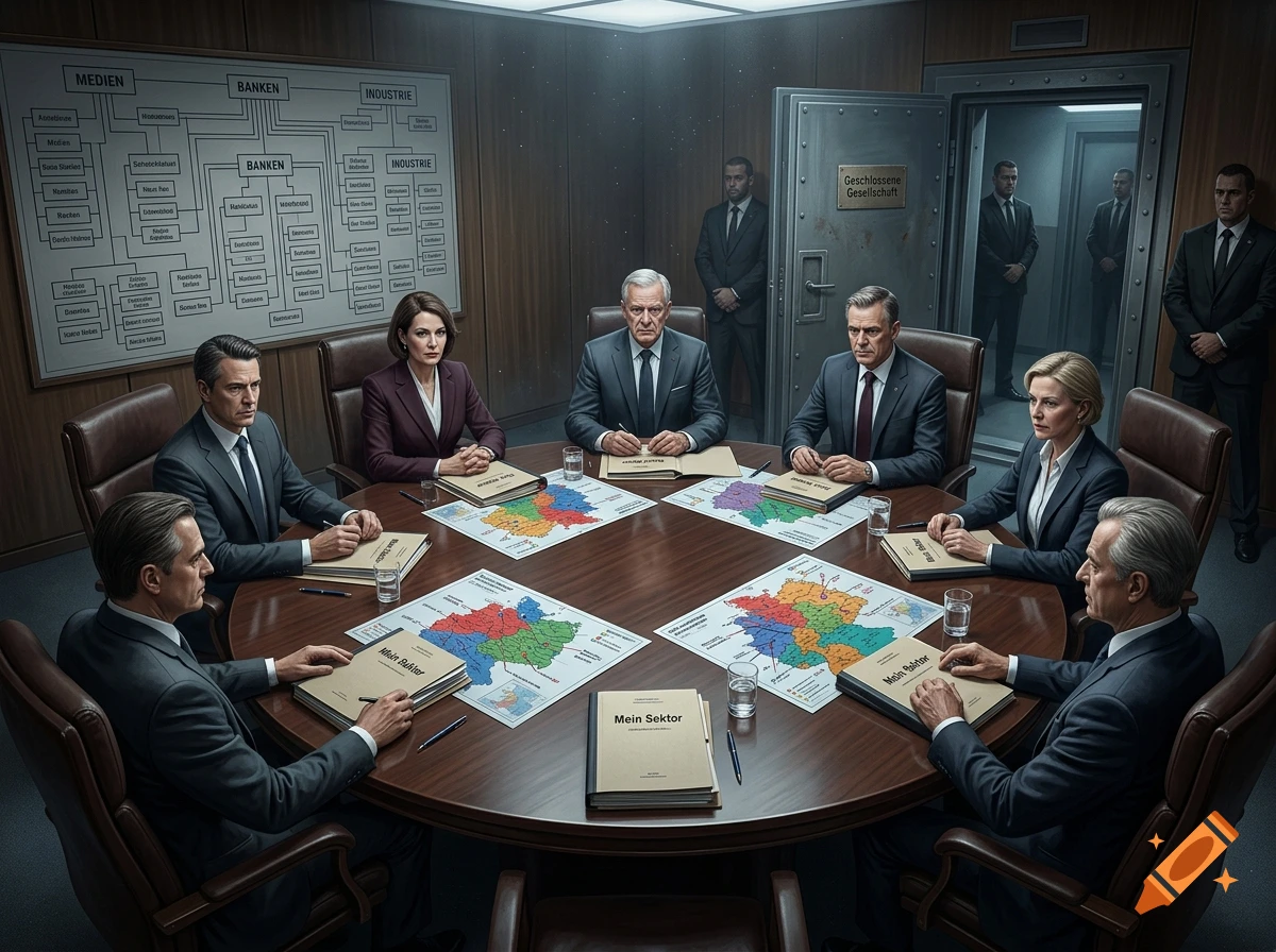 Photorealistic scene of seven people in dark suits sitting around a large conference table with maps and dossiers.