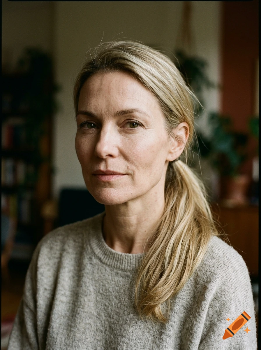 Photorealistic portrait of a middle-aged woman with blonde hair tied back in a ponytail, wearing a grey knit sweater.