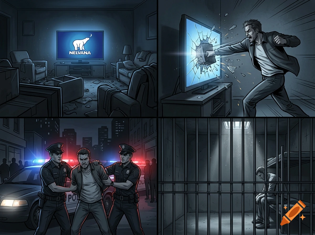 A four-panel comic strip showing a living room with a Nelvana logo on TV, a man punching the screen, his arrest, and him in a jail cell.