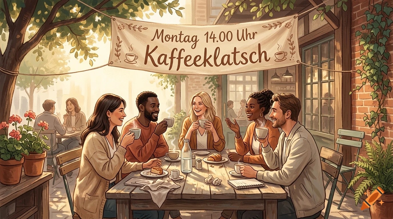 Painted illustration of diverse friends gathered at a sunny outdoor cafe table drinking coffee under a banner.