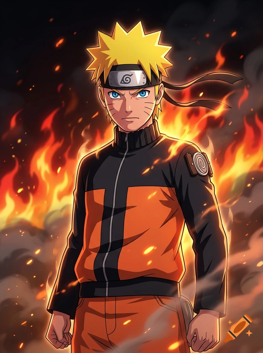 Naruto Uzumaki in anime style standing in front of a background of orange flames and dark smoke.