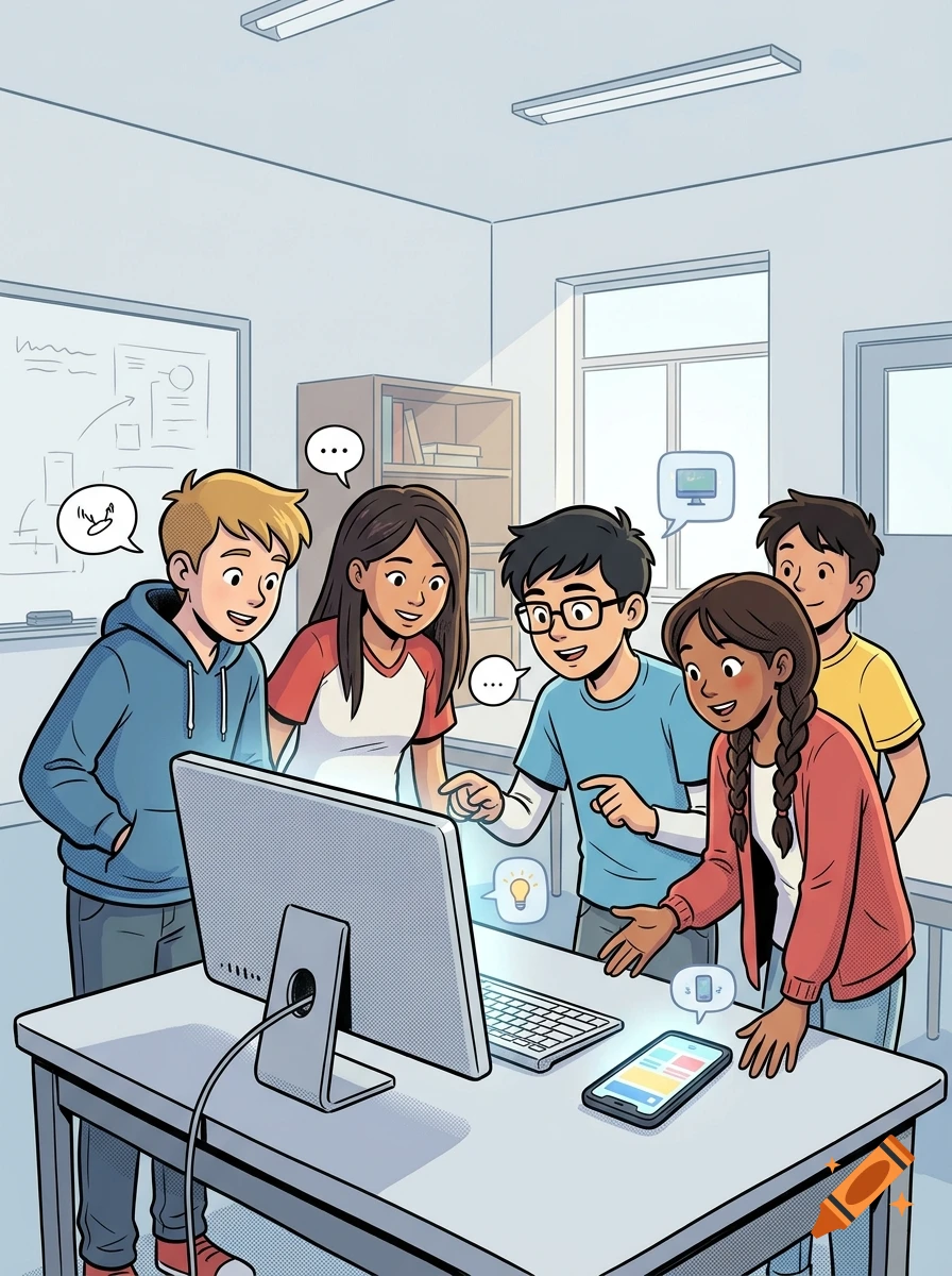 Comic style illustration of diverse students gathered around a computer in a classroom.