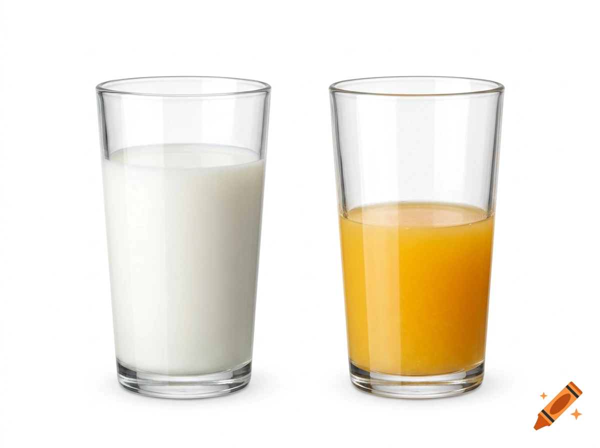 Two identical clear glasses filled with milk and orange juice against a white background.