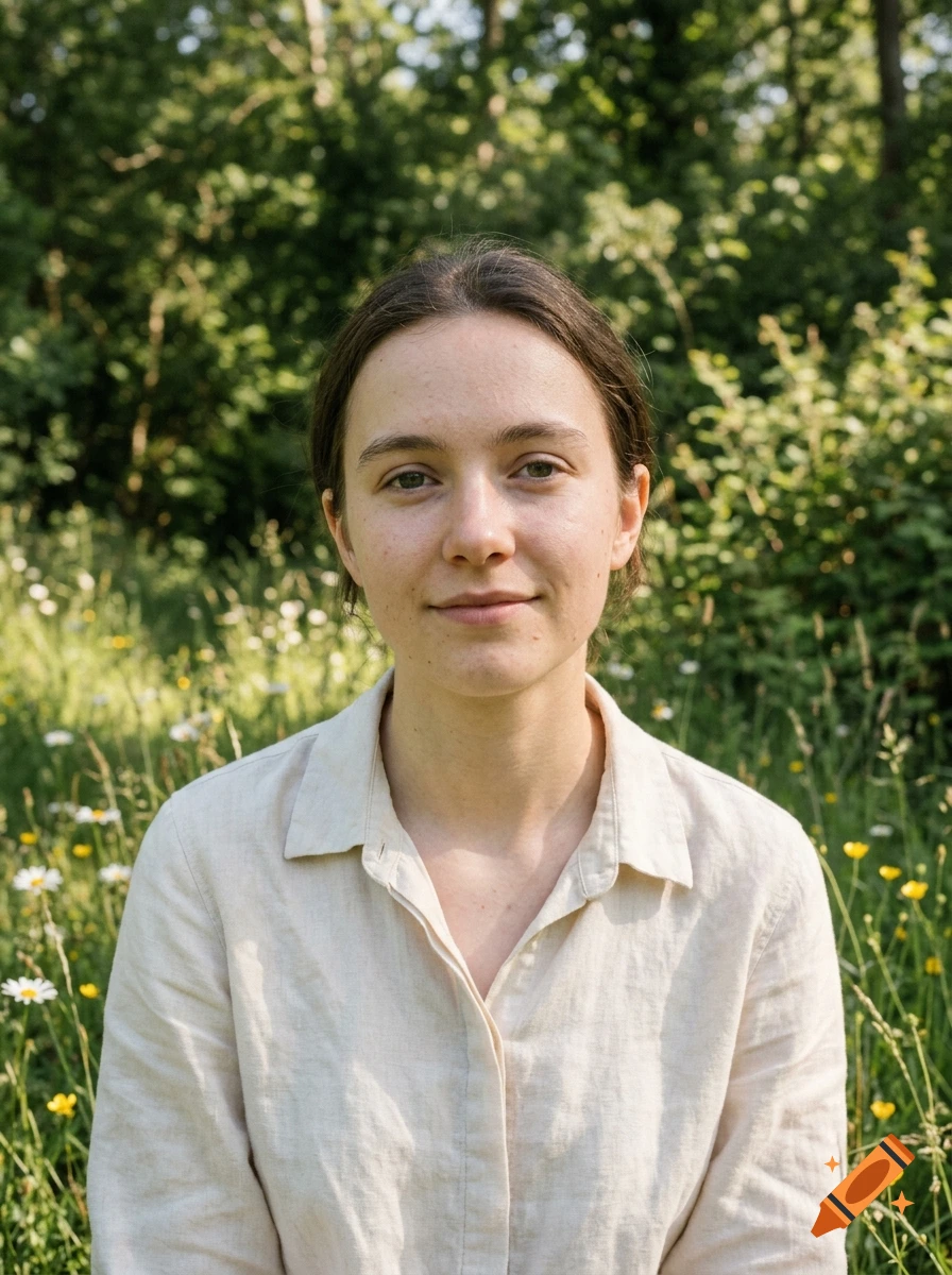 A portrait of a young woman with dark hair wearing a light-colored linen shirt, standing outdoors in a lush green meadow with wildflowers and trees in the background.