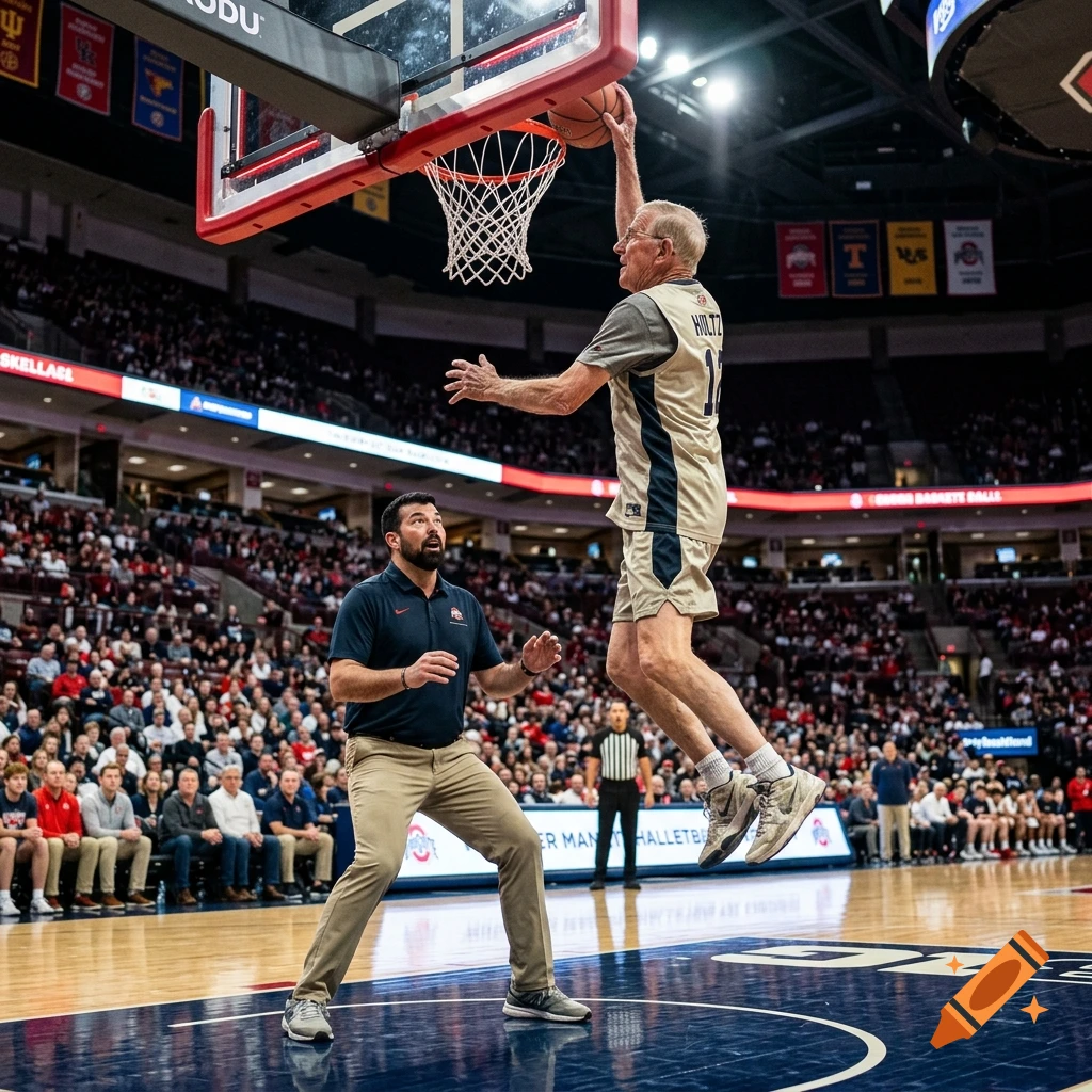 Photorealistic image of Lou Holtz dunking a basketball over Ryan Day in a crowded arena.
