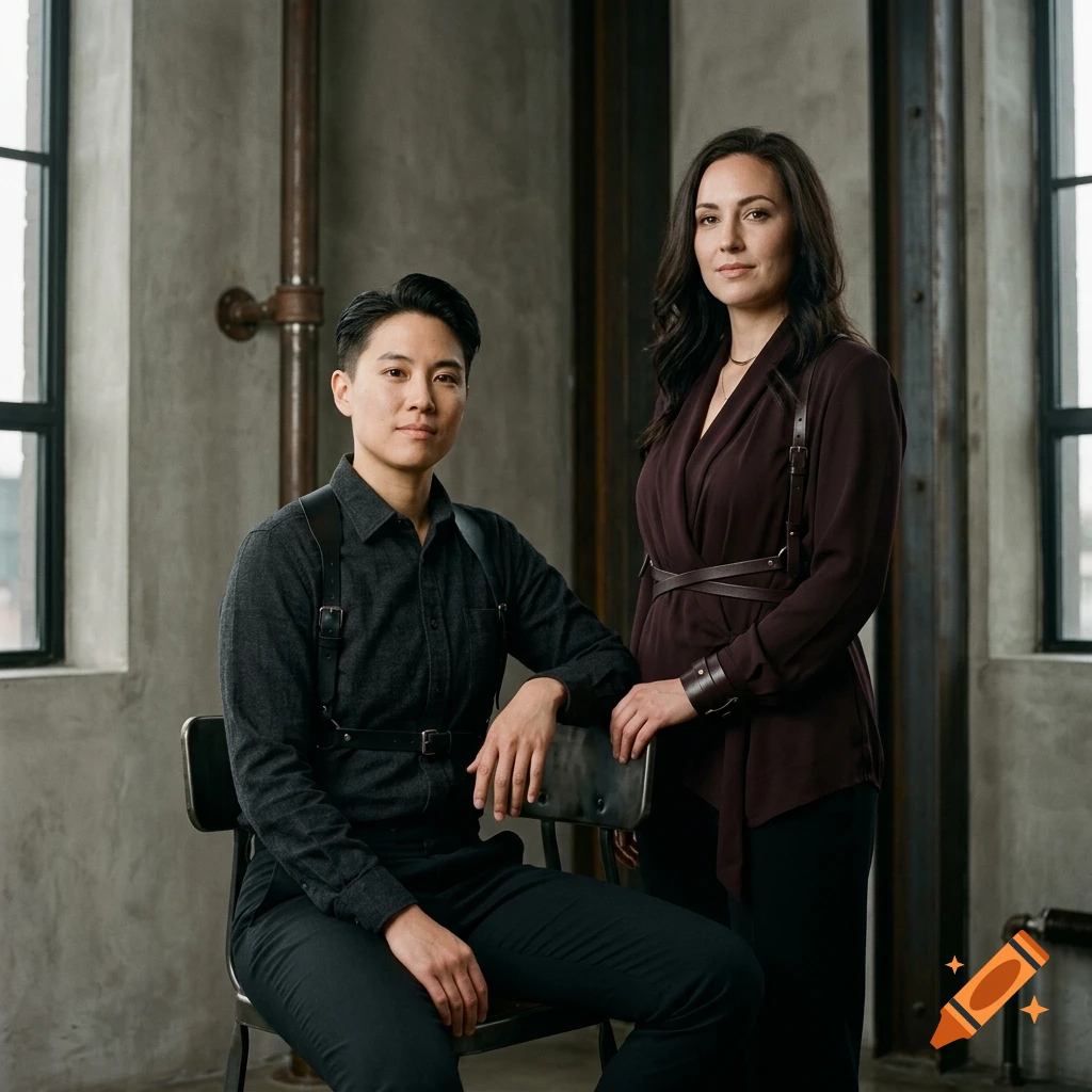 Photorealistic portrait of two people wearing dark clothing and subtle harness accessories in an industrial loft.