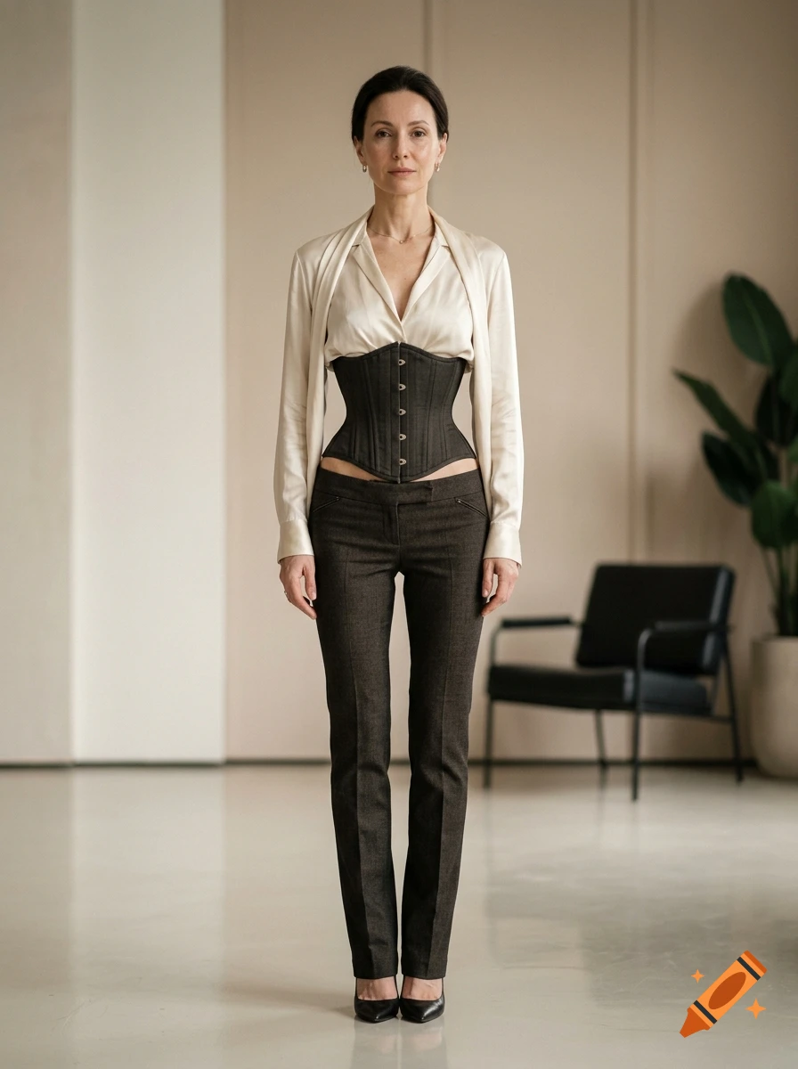 Photorealistic full-length portrait of a slim woman wearing a dark corset over a silk blouse and dark trousers in a minimalist room.