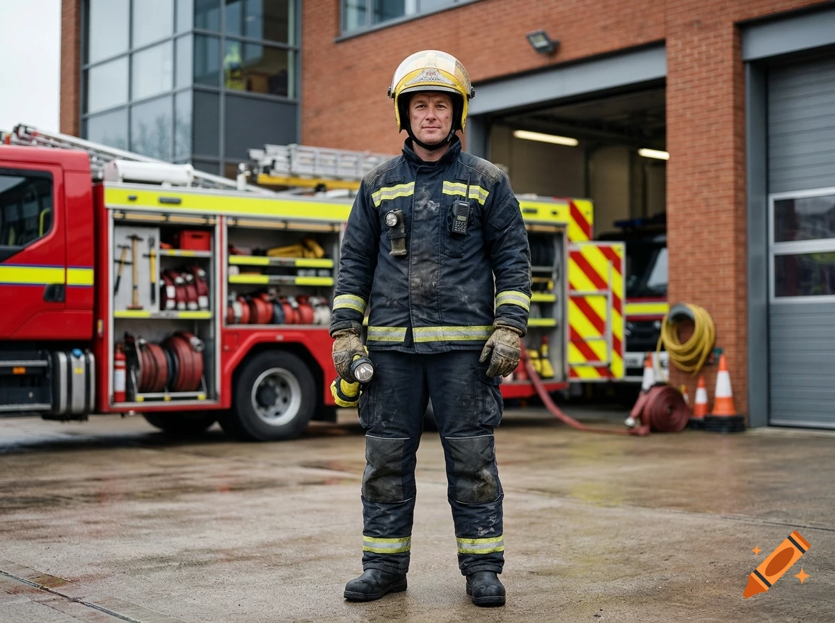 Photorealistic full-length portrait of a firefighter standing in front of a fire station with a red fire truck.
