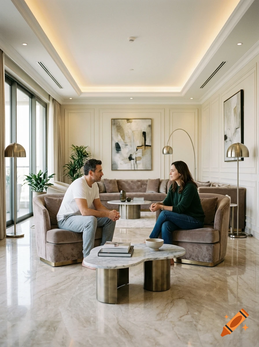A man and a woman sitting in armchairs facing each other in a luxury modern living room, photorealistic.