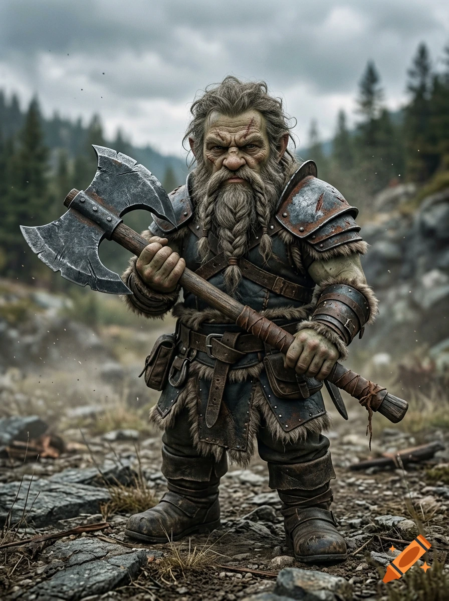 Photorealistic full-body portrait of a rugged gnome barbarian with green-tinted skin, a braided beard, and armor, holding a great axe in a rocky forest setting.