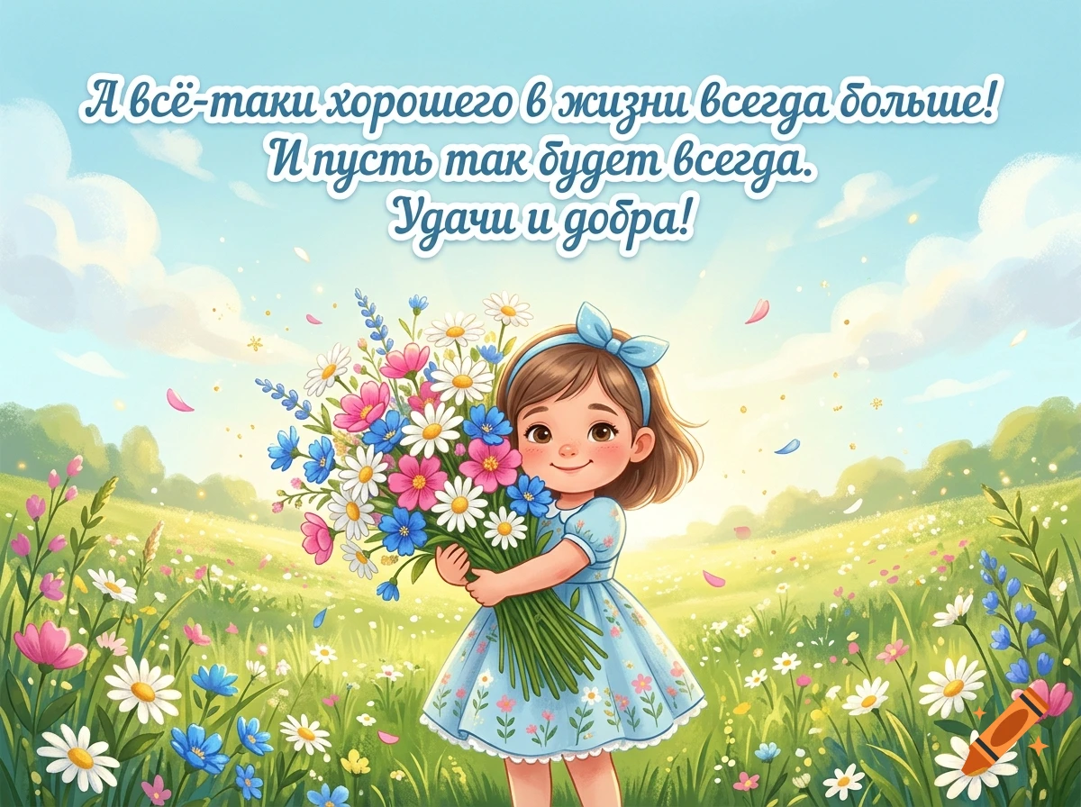 Digital illustration of a smiling young girl in a blue dress holding a large bouquet of wildflowers in a sunny meadow.