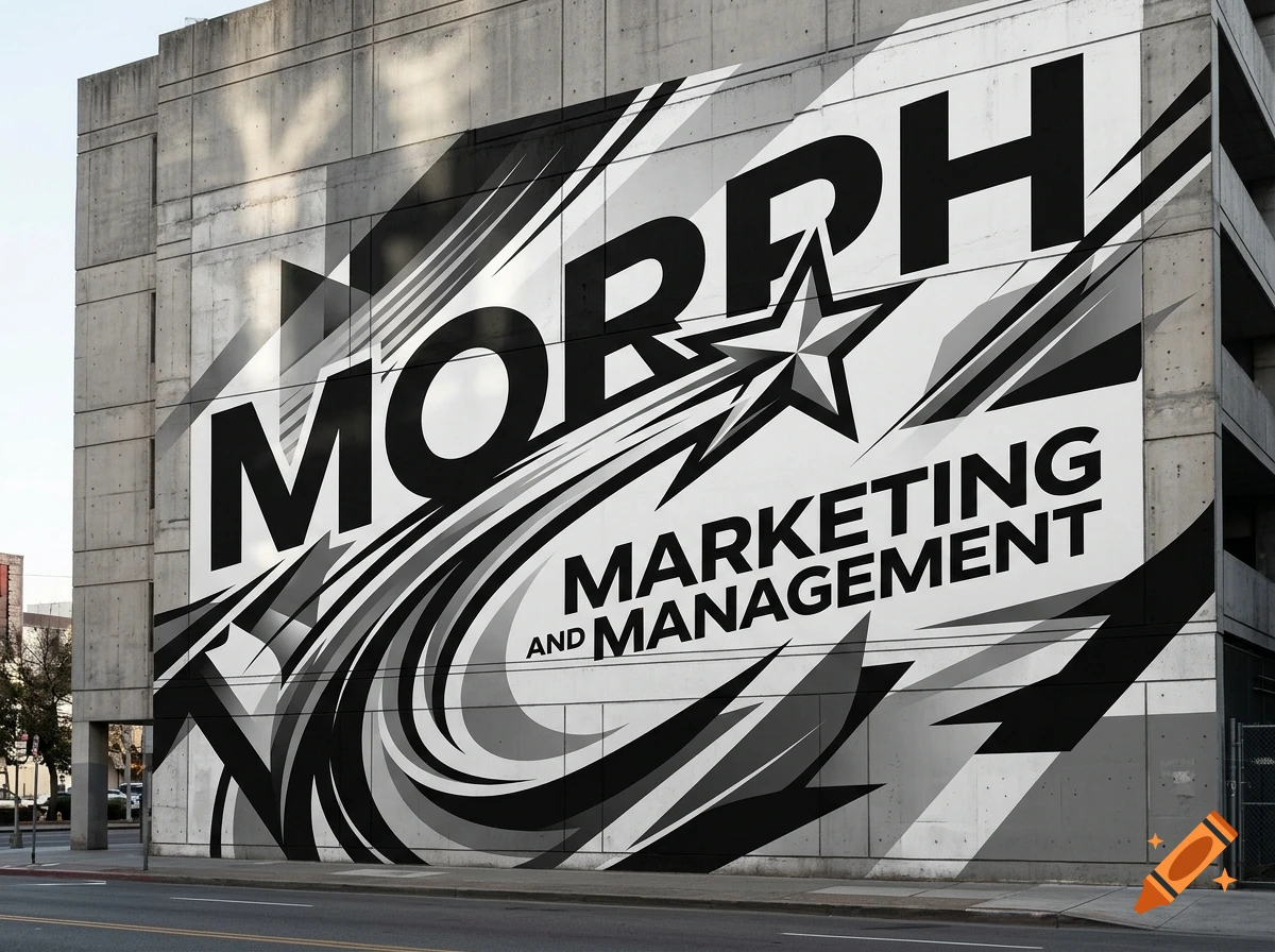 Black and white building mural reading 'MORPH MARKETING AND MANAGEMENT' with a shooting star logo.