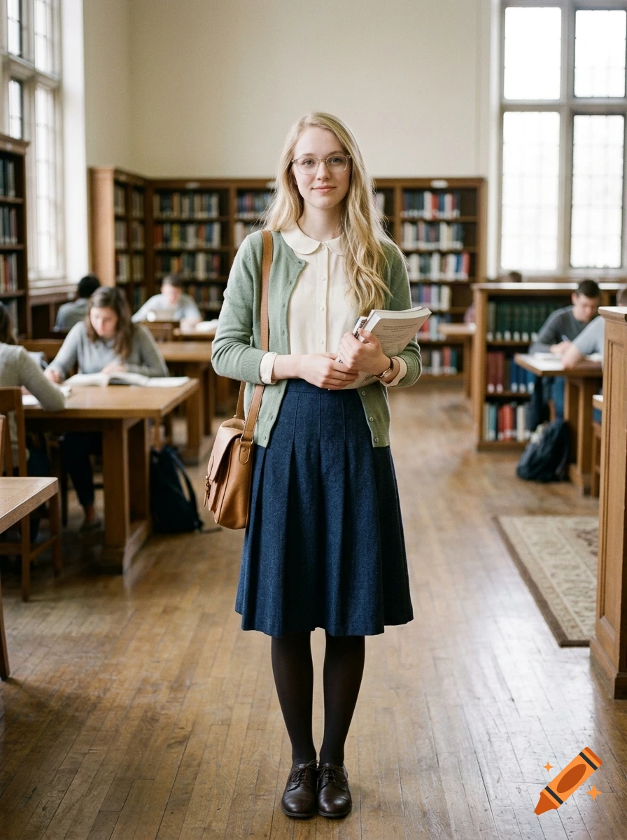 Photorealistic full-body portrait of a young blonde woman standing in a historic library holding books.