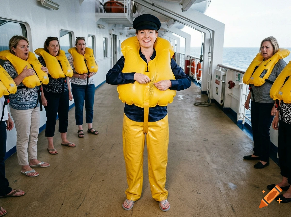Photorealistic image of a woman in a captain's hat and yellow life vest on a cruise ship deck while passengers watch.