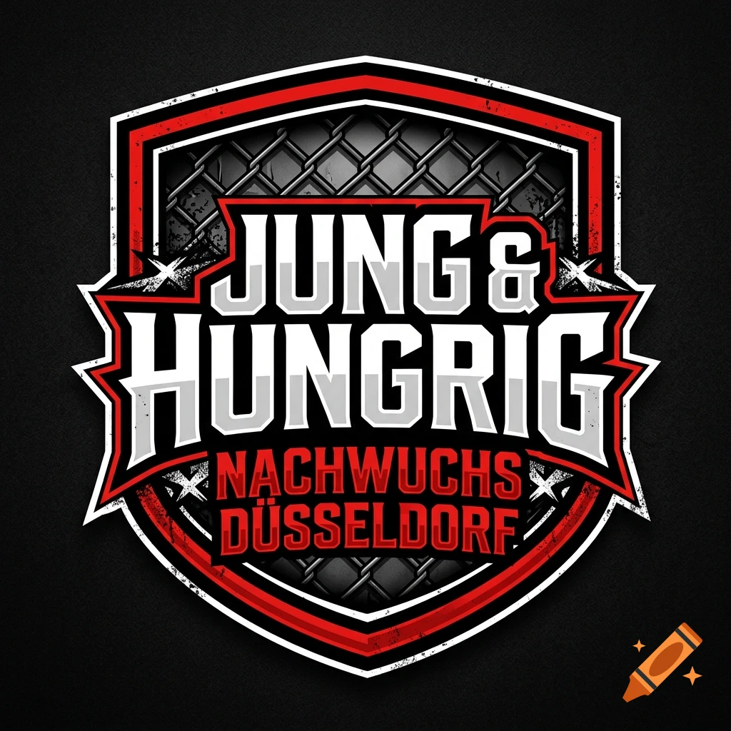 A stylized black, red, and white logo featuring a chain-link fence background and the text 'JUNG & HUNGRIG NACHWUCHS DÜSSELDORF'.