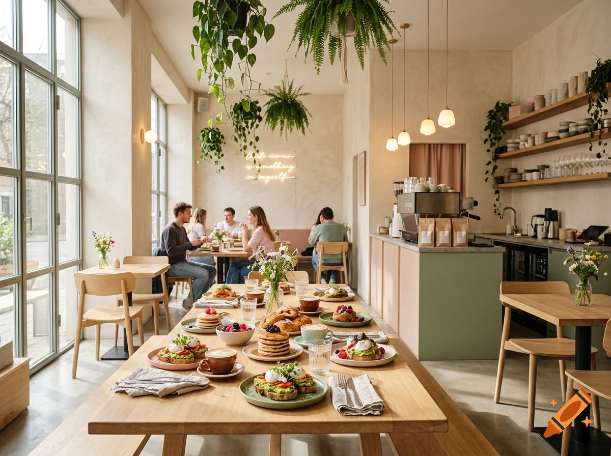 Photorealistic interior view of a trendy brunch cafe with a large wooden table in the foreground laden with brunch dishes.