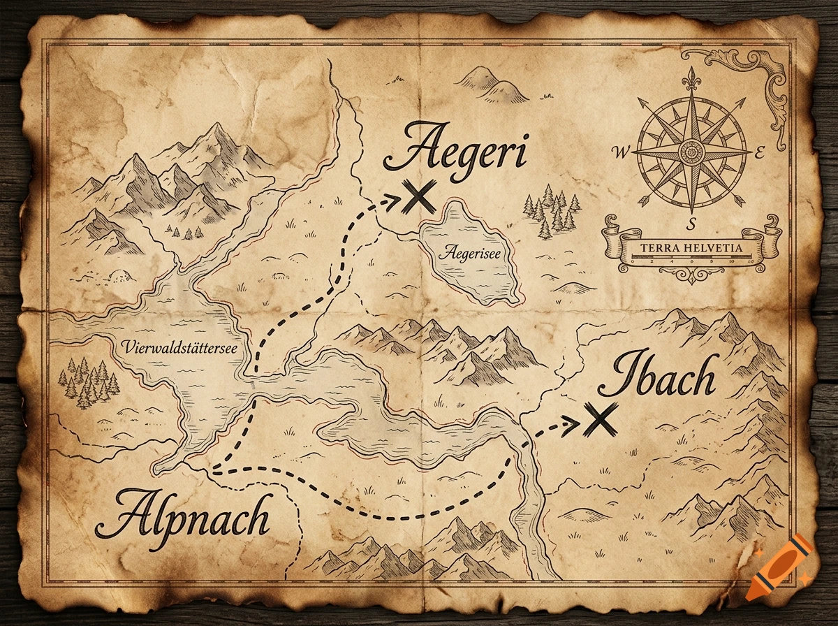 Vintage treasure map of the Swiss region on old parchment with burnt edges, showing mountains, lakes, and a compass rose.