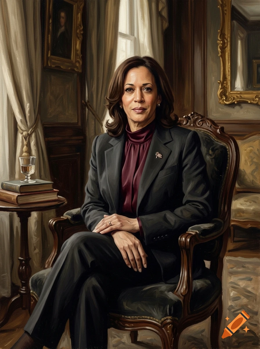 Oil painting style portrait of Kamala Harris sitting in an armchair inside a formal room.