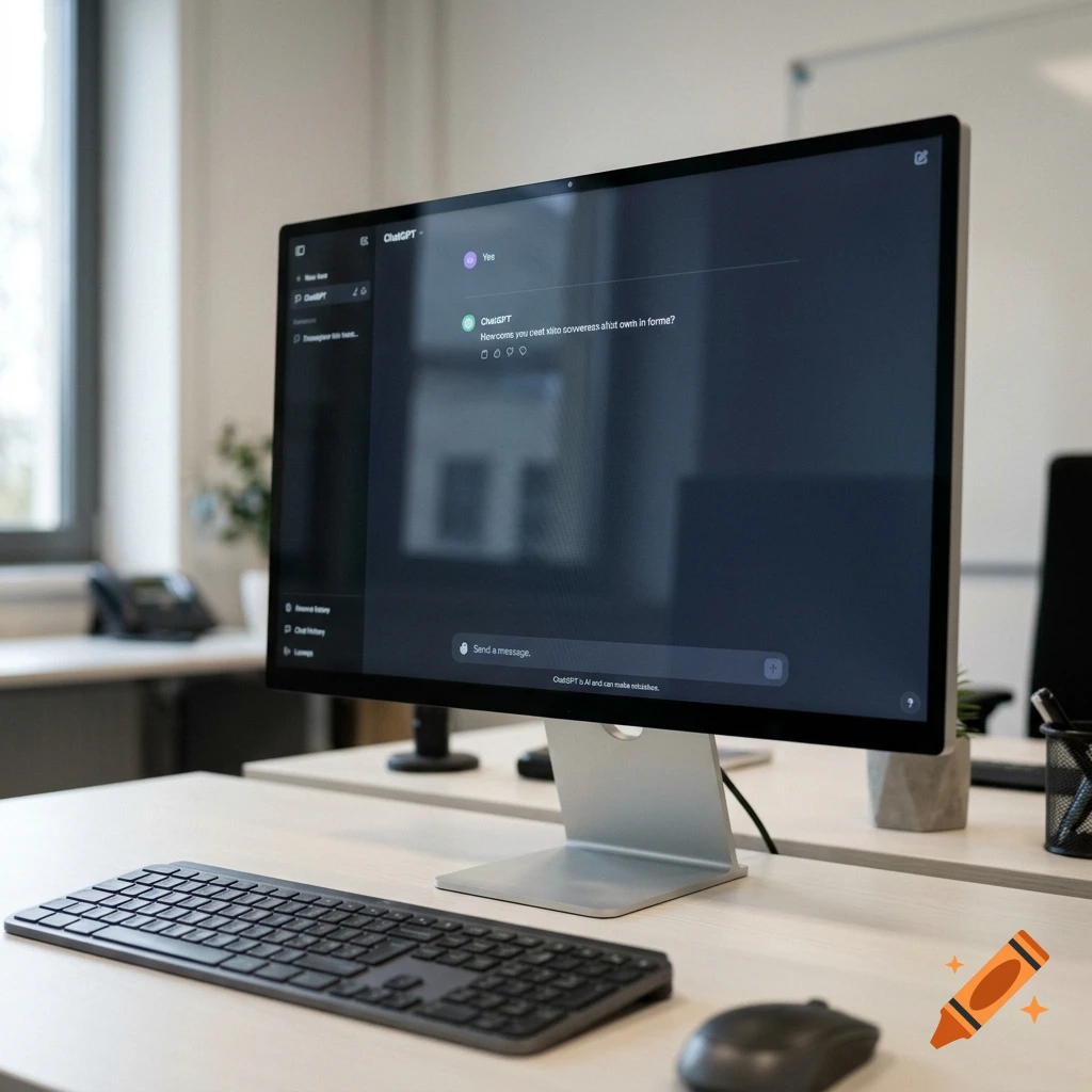 Photorealistic image of a computer monitor on a desk showing a chat interface with distorted text, with a keyboard and mouse in the foreground.