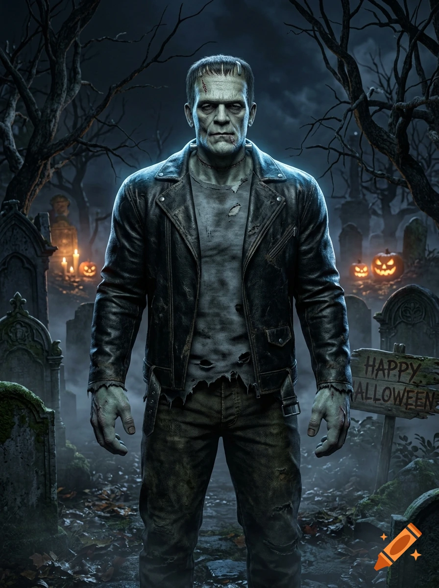 Photorealistic depiction of Frankenstein's monster in a leather jacket standing in a spooky cemetery at night.