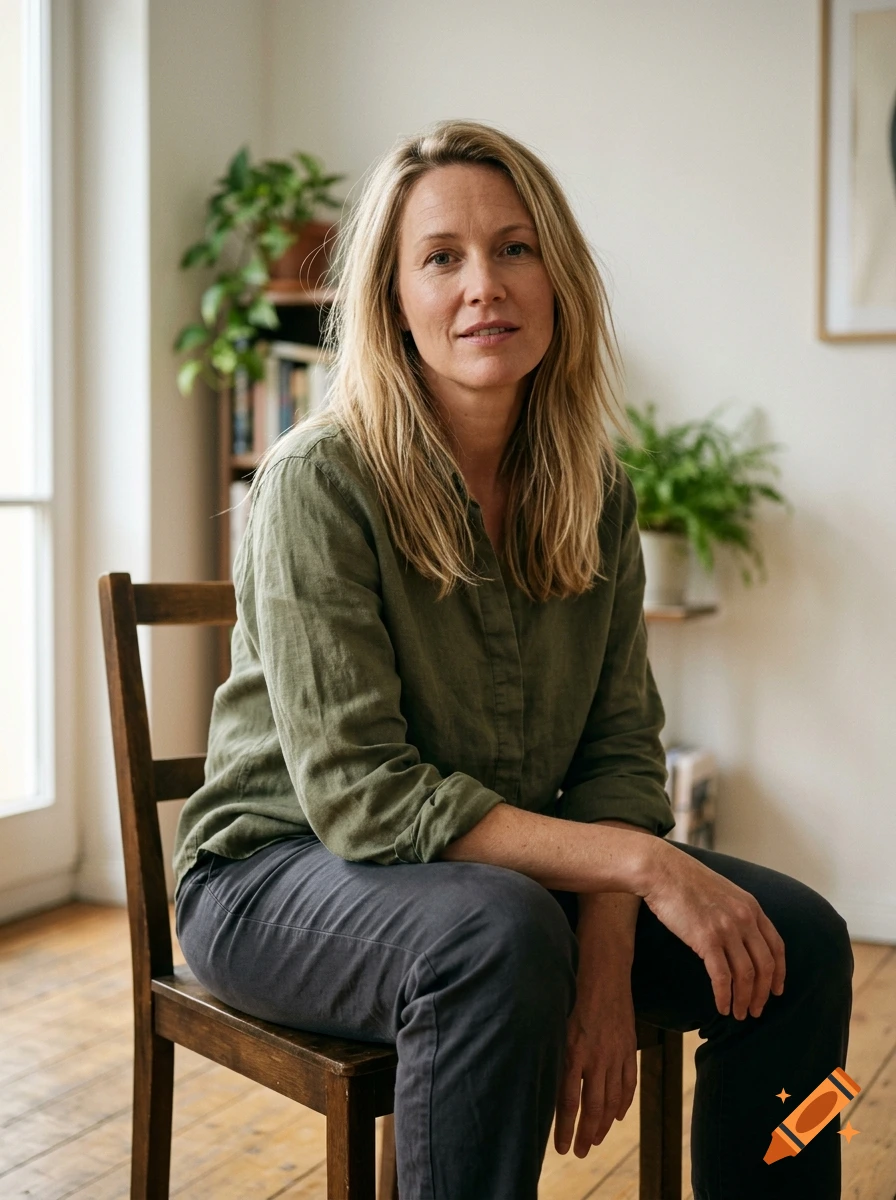Photorealistic portrait of a blonde woman sitting on a wooden chair in a brightly lit room.