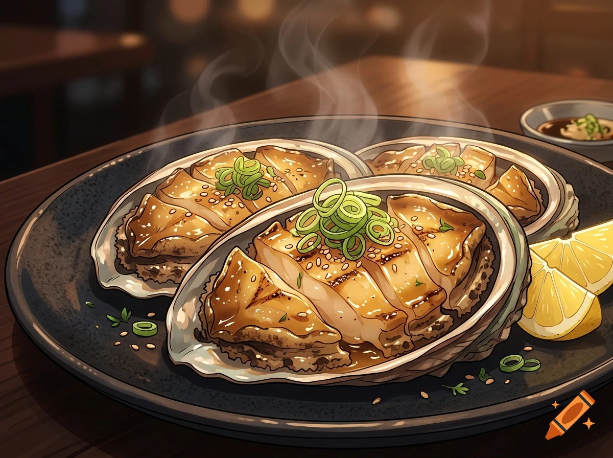 Close-up of grilled abalone in shells, served with lemon wedges and garnish on a black plate, digital illustration.