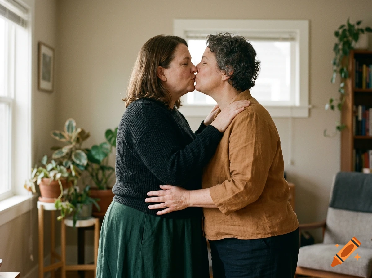 Two mature women kissing in a warmly lit living room with houseplants.