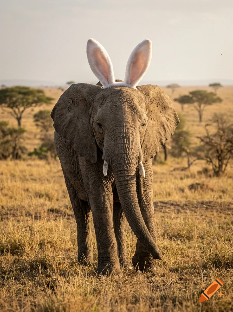 Photorealistic image of an African elephant standing in a savanna wearing large white bunny ears.