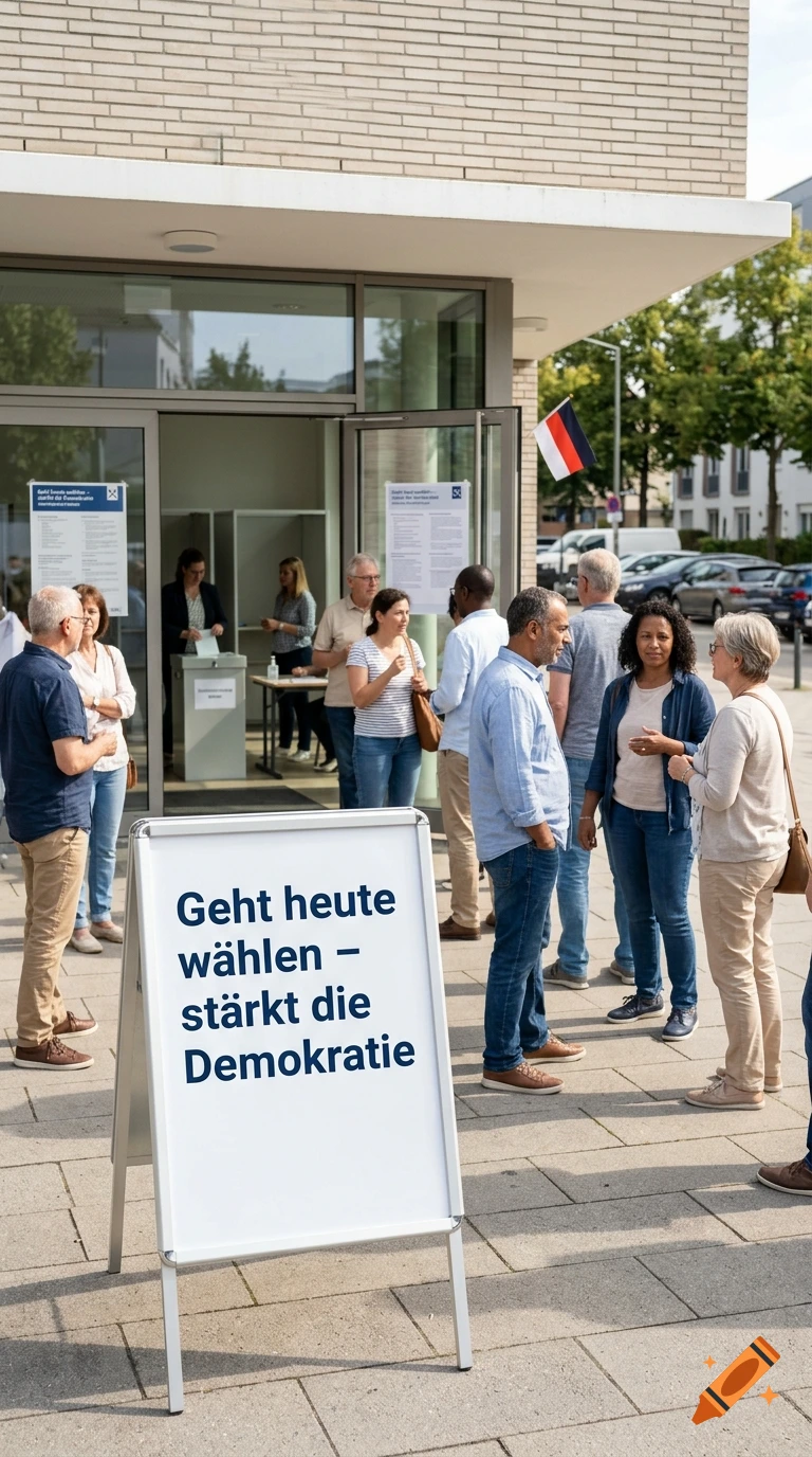 Photorealistic image of people standing outside a polling station with a sign reading 'Geht heute wählen - stärkt die Demokratie'.