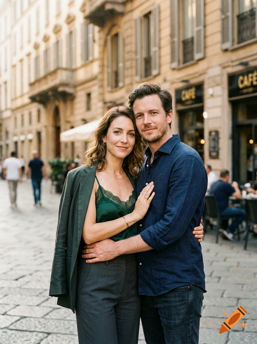 Photorealistic portrait of a couple standing on a European city street in front of a cafe.
