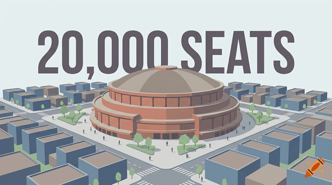 A 2D flat vector illustration of a large arena-shaped building in a city block, with bold text overlay reading 20,000 SEATS.