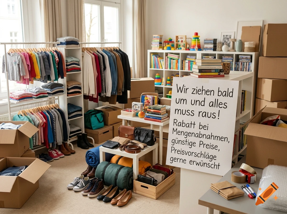 A room organized for a garage sale with racks of clothes, shelves of books, boxes, and a sign in German.