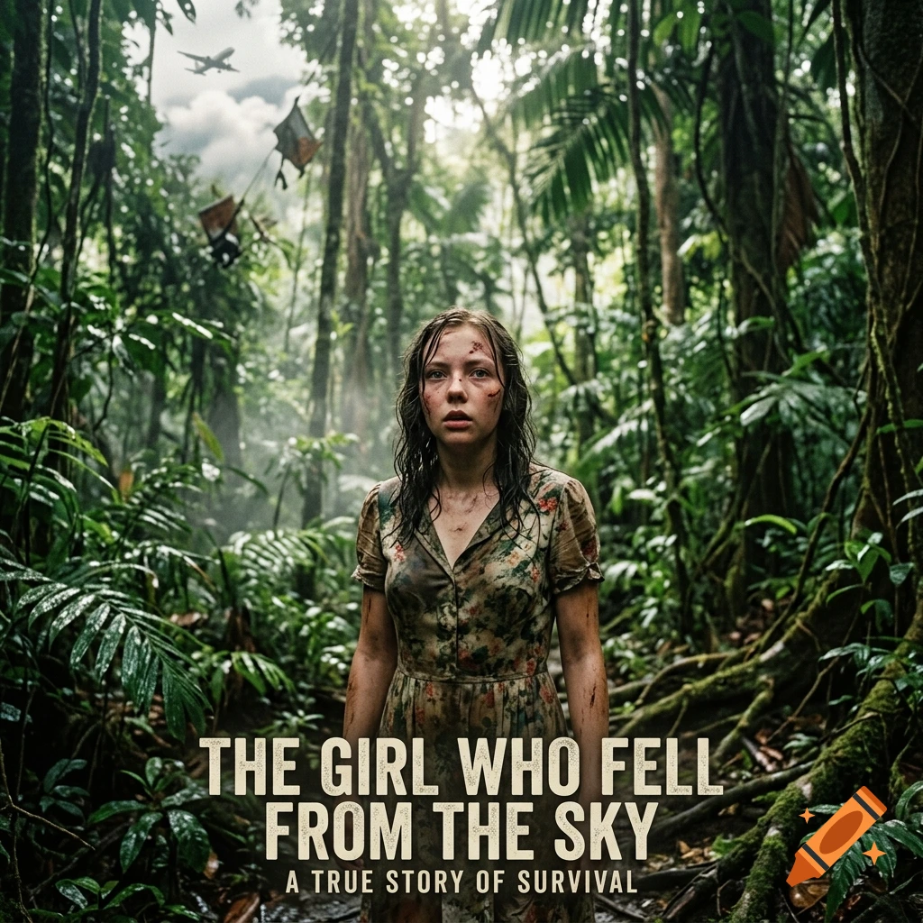 Photorealistic poster of a young woman with a dirtied dress standing in a dense jungle, with title text at the bottom.