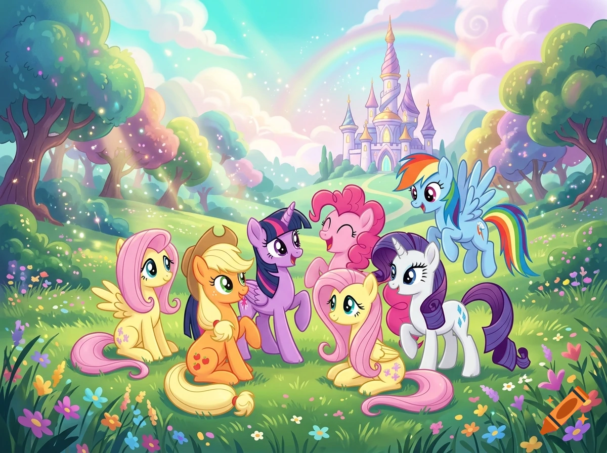 Colorful digital illustration of the main My Little Pony characters gathered in a sunny meadow with a castle in the background.