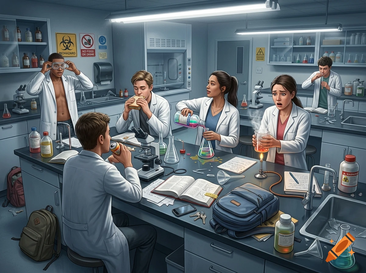 Students in a biology laboratory making common mistakes such as eating, drinking, and handling glassware incorrectly.