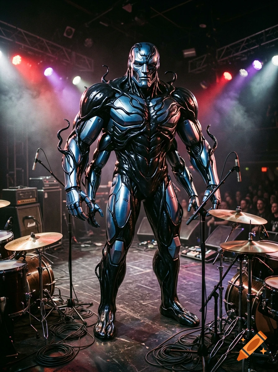 Photorealistic image of a muscular cybernetic creature with symbiote features standing on a stage with a drum set.