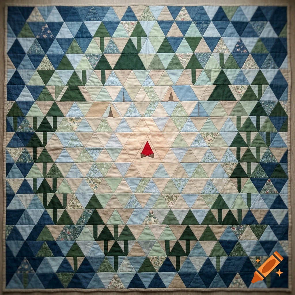 A patchwork quilt featuring a forest of trees and tents made of triangles surrounding a small red campfire in a clearing.