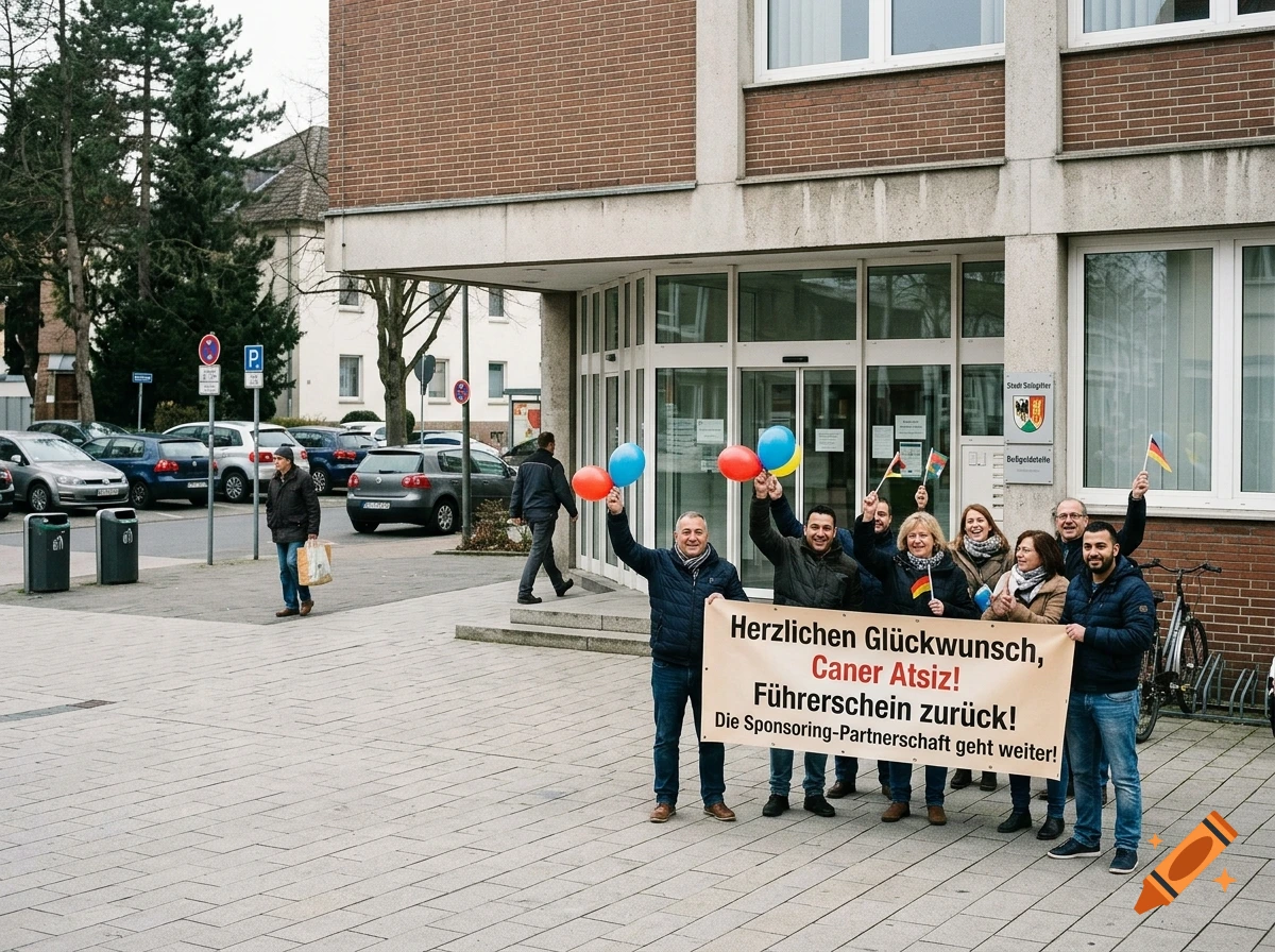 Group of people holding balloons, flags, and a banner in front of a brick building, photorealistic.