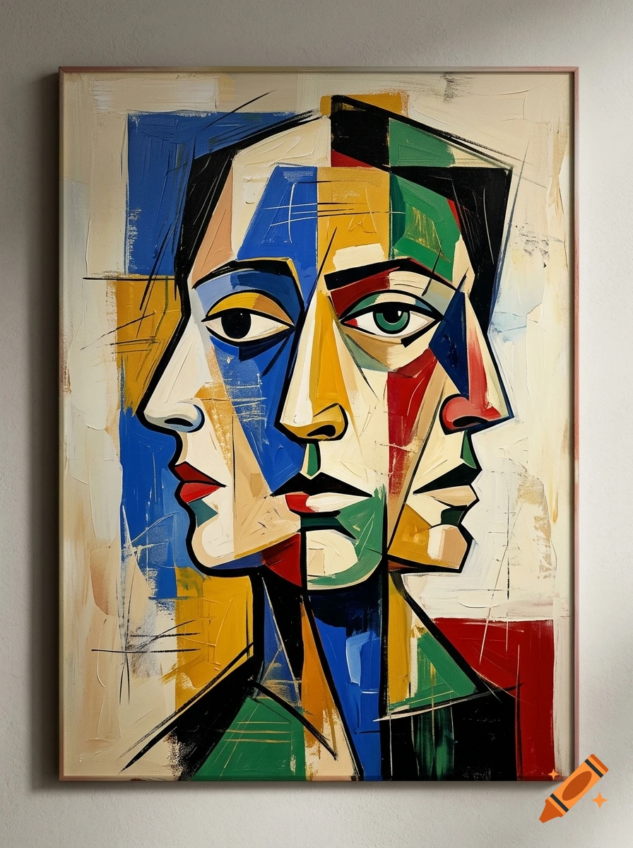 Cubist-style abstract painting of multiple overlapping faces in bold primary colors.