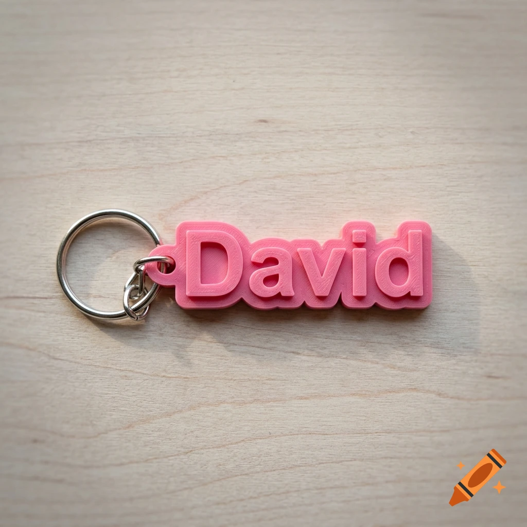 Pink 3D-printed name keychain spelling David attached to a silver split ring on a light wood table.