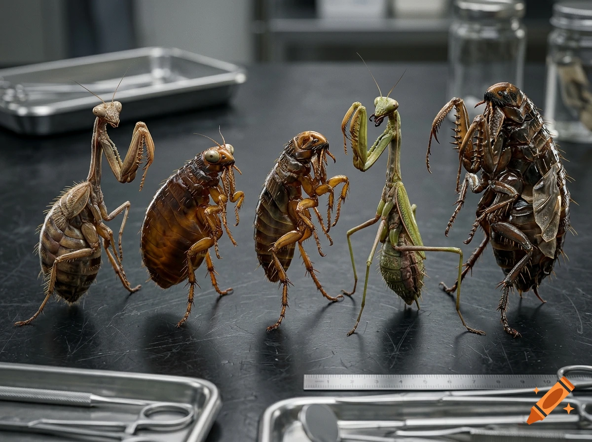 Photorealistic image of five hybrid creatures combining features of fleas and praying mantises standing on a dark metal lab table.