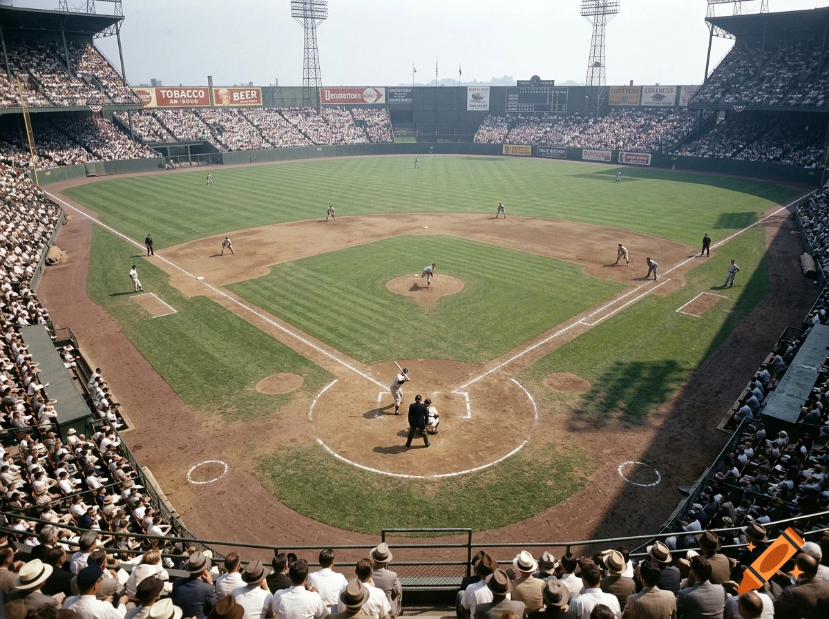 High angle photograph of a vintage 1950s major league baseball stadium filled with spectators.