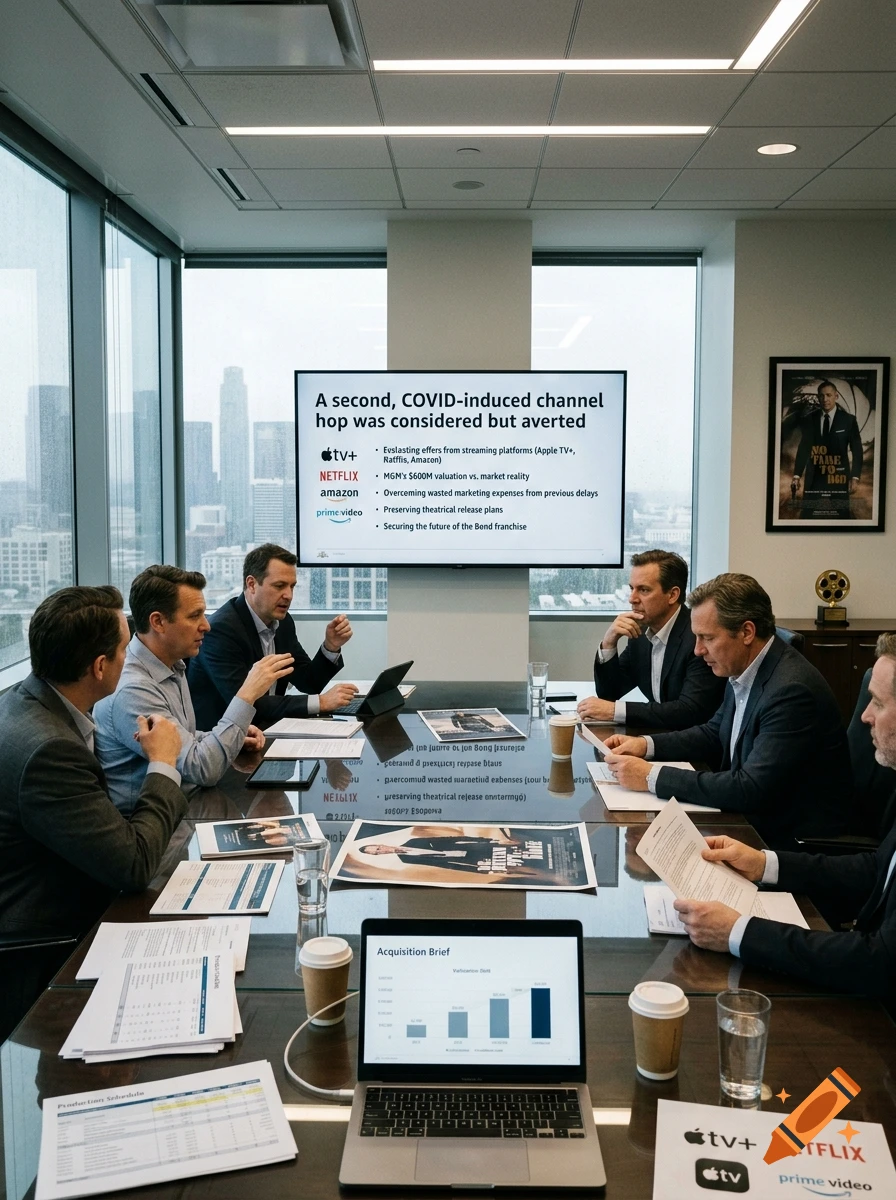 Photorealistic image of a business meeting in a boardroom with a large screen displaying presentation text.