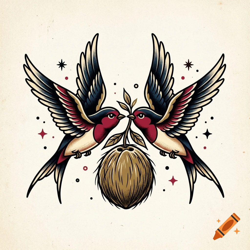 Two traditional tattoo-style swallows carrying a coconut with a twig, surrounded by small stars and dots against an off-white background.