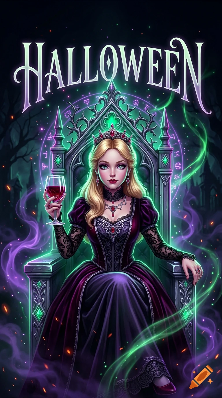 A blonde woman in a purple dress and crown sits on a gothic throne, holding a glass of red wine, with the word HALLOWEEN above her.