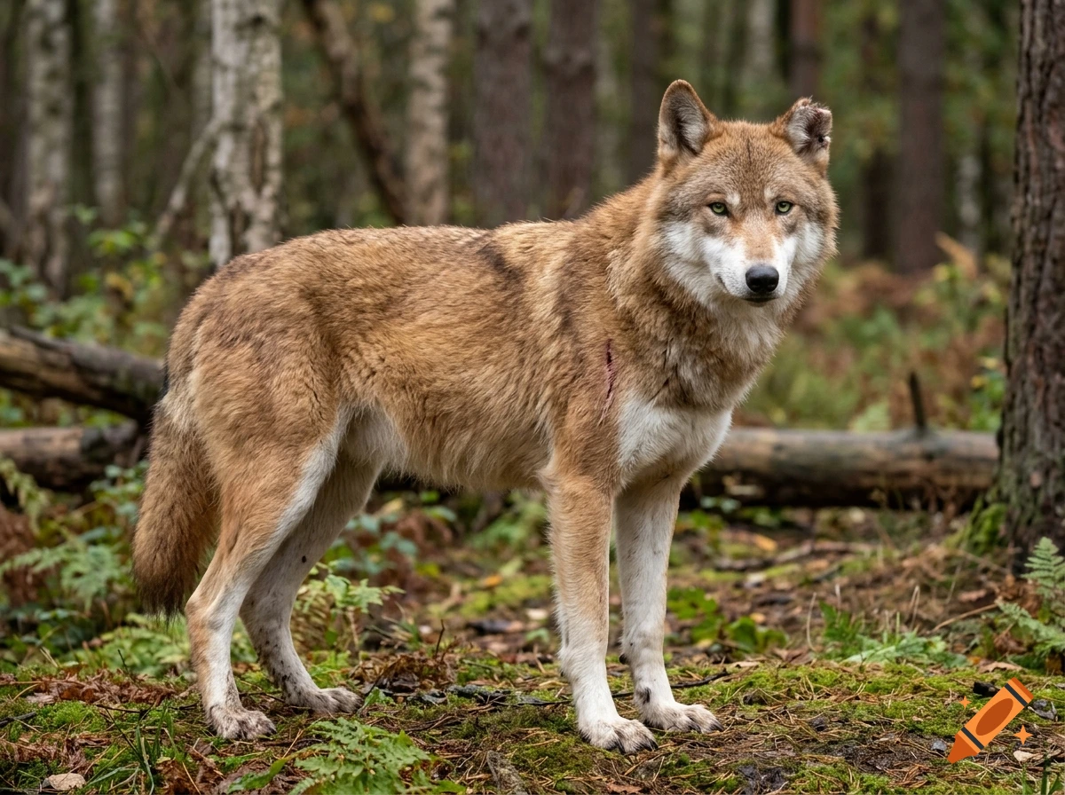 Photorealistic image of a brown and white wolf standing in a forest.
