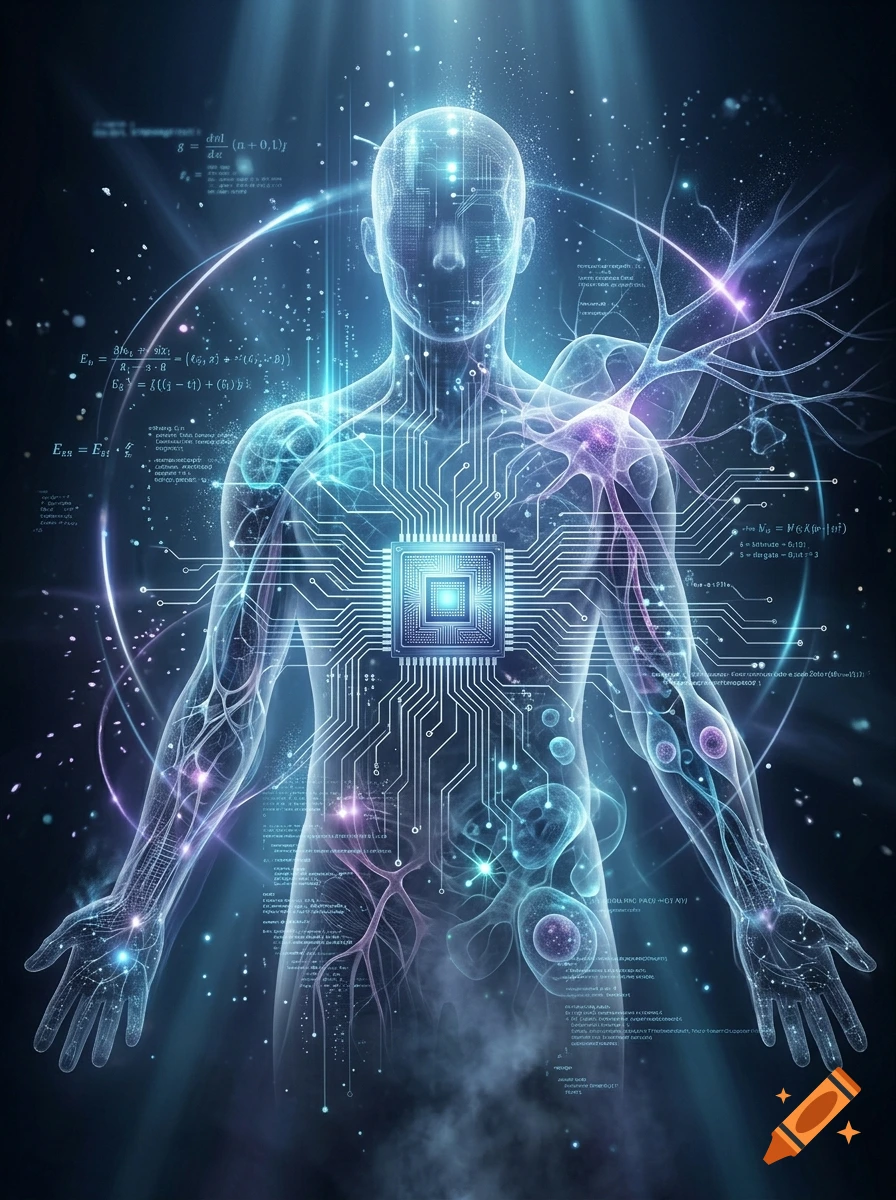 A translucent human silhouette infused with glowing circuit boards, neural networks, and mathematical formulas in a digital space.
