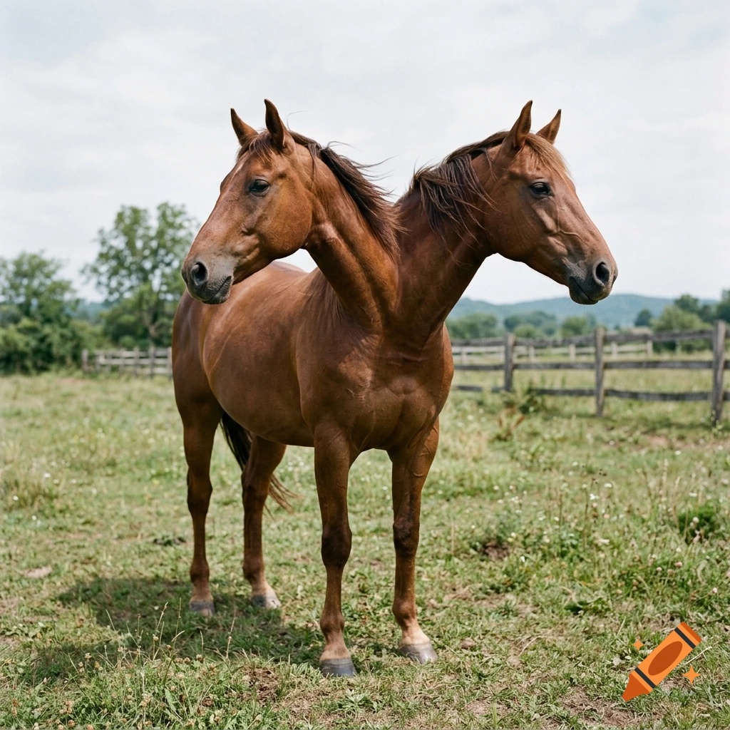 Photorealistic image of a two-headed brown horse standing in a grassy field with a wooden fence in the background.